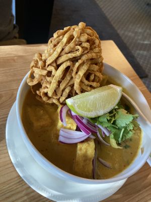 Kao soi with fried tofu   at Laem Buri in Seattle