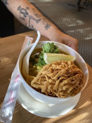 Kao soi with fried tofu   at Laem Buri in Seattle