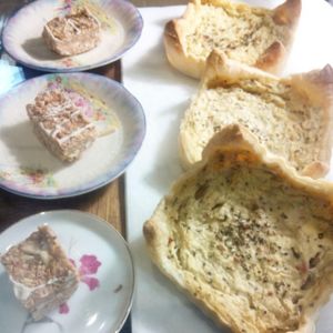 vegan and gluten free coconut slice and spinach and 'bacon' quiche. at Relax in Vintage in Adelaide