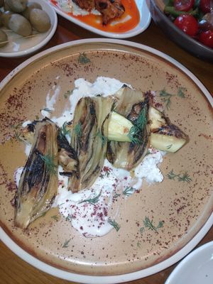 Artichoke and courgette with cheese at Kitty Hawk Rooftop Bar and Restaurant in London