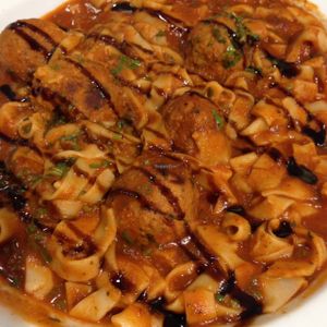 Fettucine with tempeh balls at Cafe Royale in Palmerston North