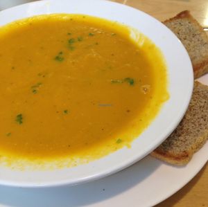 carrot and miso soup, with sourdough bread at Cafe Royale in Palmerston North