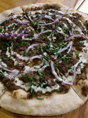 pizza with mushrooms, walnuts, tahini, red onions..yum at Cafe Royale in Palmerston North