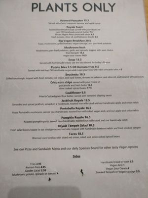 vegan menu at Cafe Royale in Palmerston North