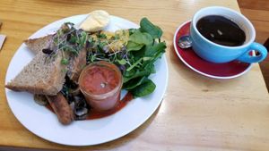The Vegan Big Breakfast & a Great coffee... Yum! at Cafe Royale in Palmerston North