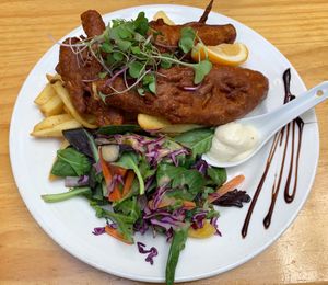 Vegan fish and chips  at Cafe Royale in Palmerston North