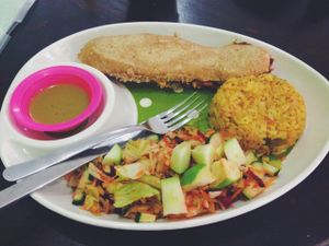 panini with mint tofu spread, brown rice and salad at Go Vegan in San Salvador