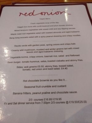 Vegan menu  at Red Onion in Glasgow