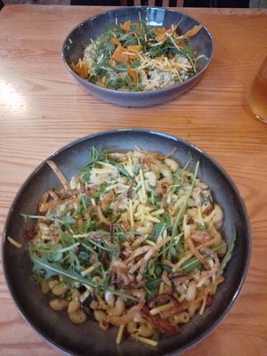 Butternut squash risotto and truffle mac and sheeze. at Red Onion in Glasgow