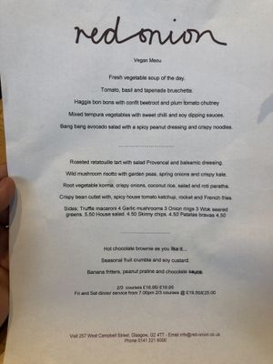 Vegan menu at Red Onion at Red Onion in Glasgow