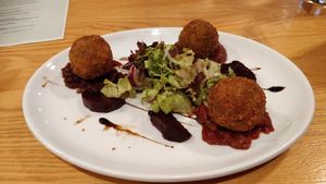 Haggis bon-bons with beetroot and salad starter at Red Onion in Glasgow
