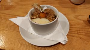 Fruit crumble and soya custard, lovely! at Red Onion in Glasgow