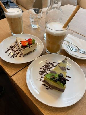 Mint chocolate cake + banana peanut butter cake + ice lattes with oat milk  at MyRaw Cafe in Prague