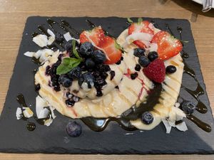 pancakes w/ cashew cream & berries at MyRaw Cafe in Prague