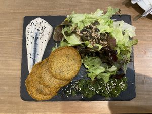sweet potato pancakes w/ chive dip  at MyRaw Cafe in Prague