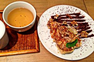 Raw apple tart and white tea at MyRaw Cafe in Prague