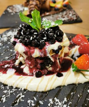 pancakes with cashew creme at MyRaw Cafe in Prague