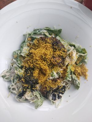 Kelp noodles with mushrooms and spinach in cashew sauce at MyRaw Cafe in Prague