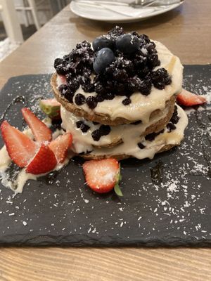 Blueberry pancakes   at MyRaw Cafe in Prague