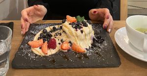 Raw pancakes with blueberries and cashew cream 😋🥞🫐  at MyRaw Cafe in Prague