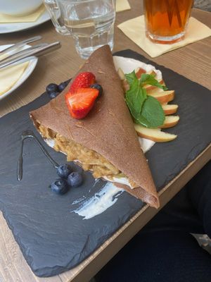 buckwheat pancakes filled with fresh apple   at MyRaw Cafe in Prague