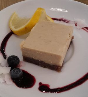 lemon cashew cake at MyRaw Cafe in Prague