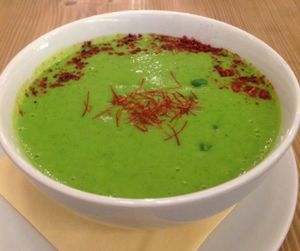 Raw pea soup at MyRaw Cafe in Prague