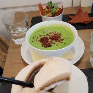 Raw savoury food is more hit and miss than cakes, wherever you go. The soup was amazing, the guacamole and chips didn't get finished. at MyRaw Cafe in Prague
