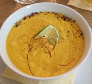 Carrot, lime and ginger soup at MyRaw Cafe in Prague