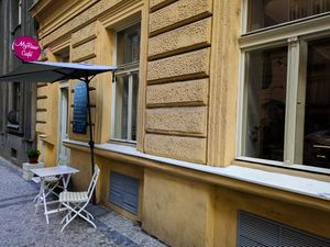 Outside of MyRaw Cafe at MyRaw Cafe in Prague