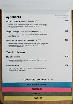 Menu page at MyRaw Cafe at MyRaw Cafe in Prague