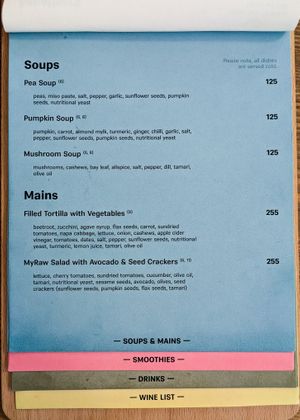 Menu page at MyRaw Cafe at MyRaw Cafe in Prague