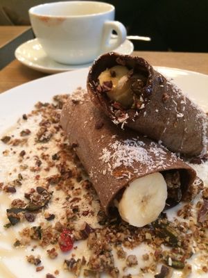 Raw chocolate pancakes  at MyRaw Cafe in Prague
