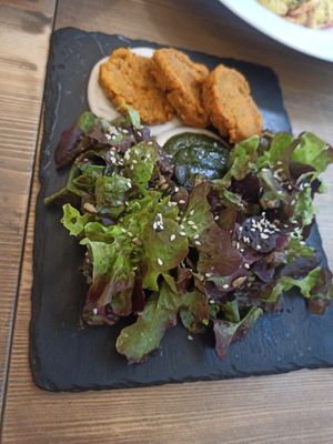 Sweet potato patties appetizer, all really good at MyRaw Cafe in Prague