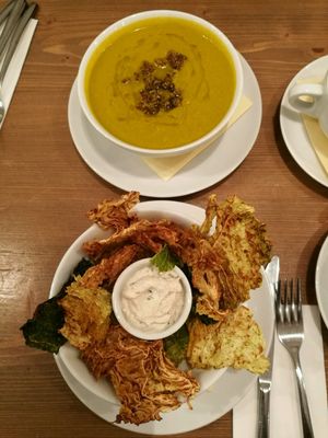 nachos and carrot soup at MyRaw Cafe in Prague
