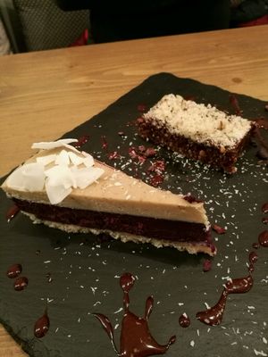 lavender cake and brownie at MyRaw Cafe in Prague