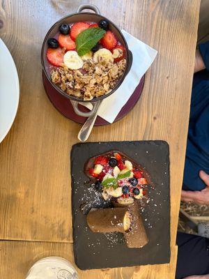 açaí bowl and banana chocolate crepes  at MyRaw Cafe in Prague