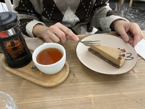 Raw coffee cake & hibiscus tea  at MyRaw Cafe in Prague