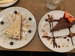 Lemon and lavender cheesecake, chocolate pie at MyRaw Cafe in Prague