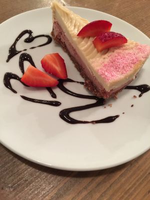 Strawberry cashew, protein raw cake at MyRaw Cafe in Prague
