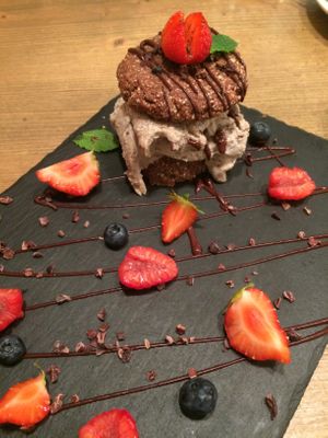 stracciatella ice cream cookie sandwich at MyRaw Cafe in Prague