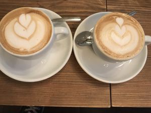 Almond milk and cashew milk cappuccinos at MyRaw Cafe in Prague