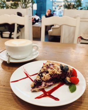 Raw cake and coffee at MyRaw Cafe in Prague