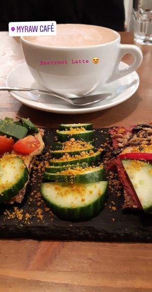 Toasts with avocado and beetroot dips at MyRaw Cafe in Prague