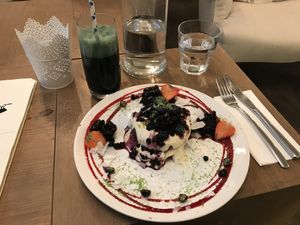 Pancakes and smoothie at MyRaw Cafe in Prague