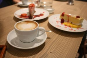 Capuccino with homemade cashew milk at MyRaw Cafe in Prague