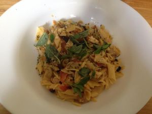 Main meal: gluten-free penne with tomatoes, basil and tofu. at Barao Natural - Baraozinho in Sao Paulo