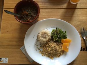 Main meal: feijoada with whole rice, farofa and braised cabbage. at Barao Natural - Baraozinho in Sao Paulo