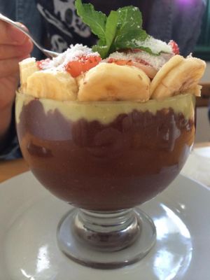 One of the options of desserts: fruit bowl with avocado cream and cocoa. at Barao Natural - Baraozinho in Sao Paulo