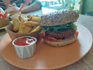 No Meat Burger with Wedges and Ketchup at Paul's Boutique in Ghent